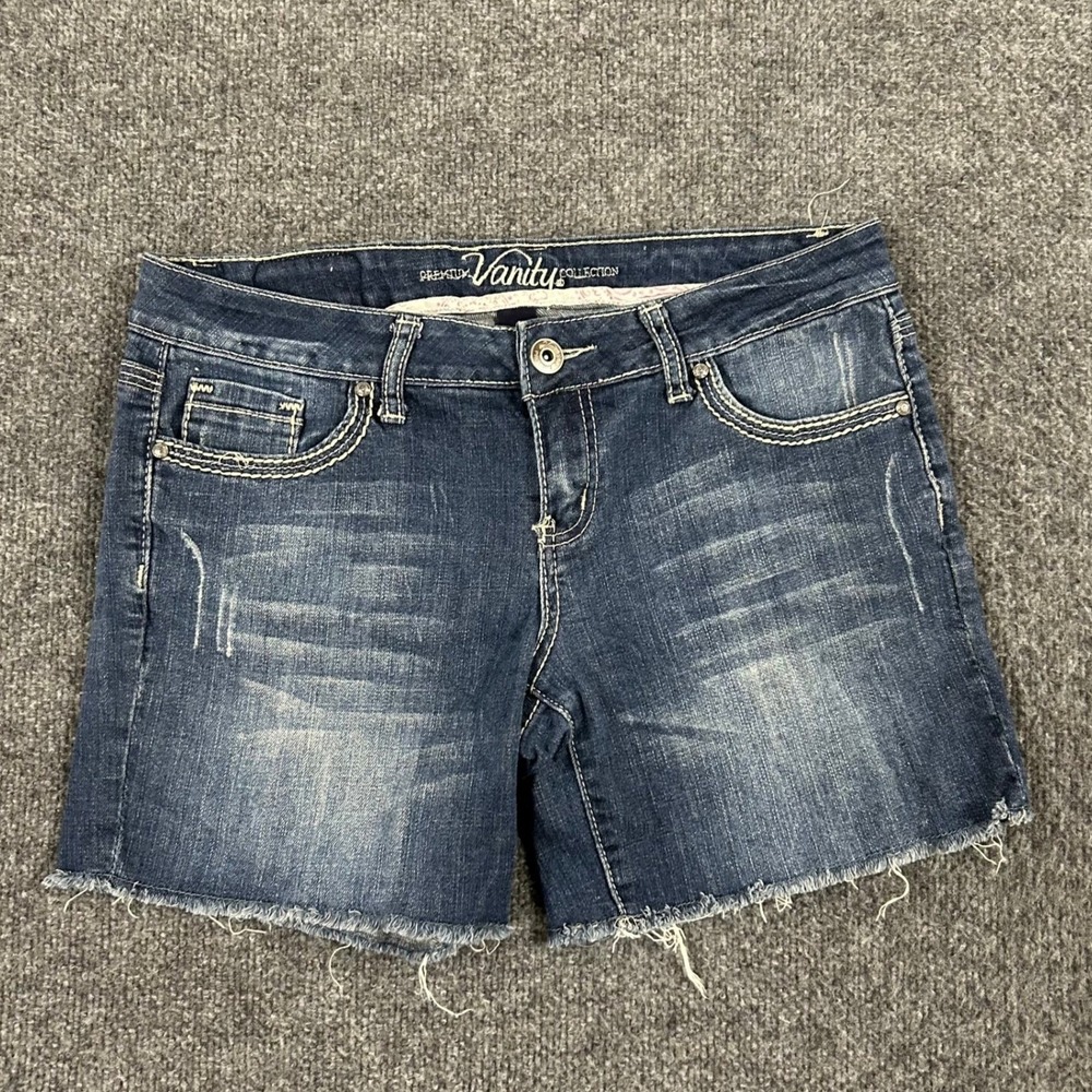 Vanity Denim Shorts Womens Size 29 Blue Raw Hem Embellished Cross Pockets Y2K